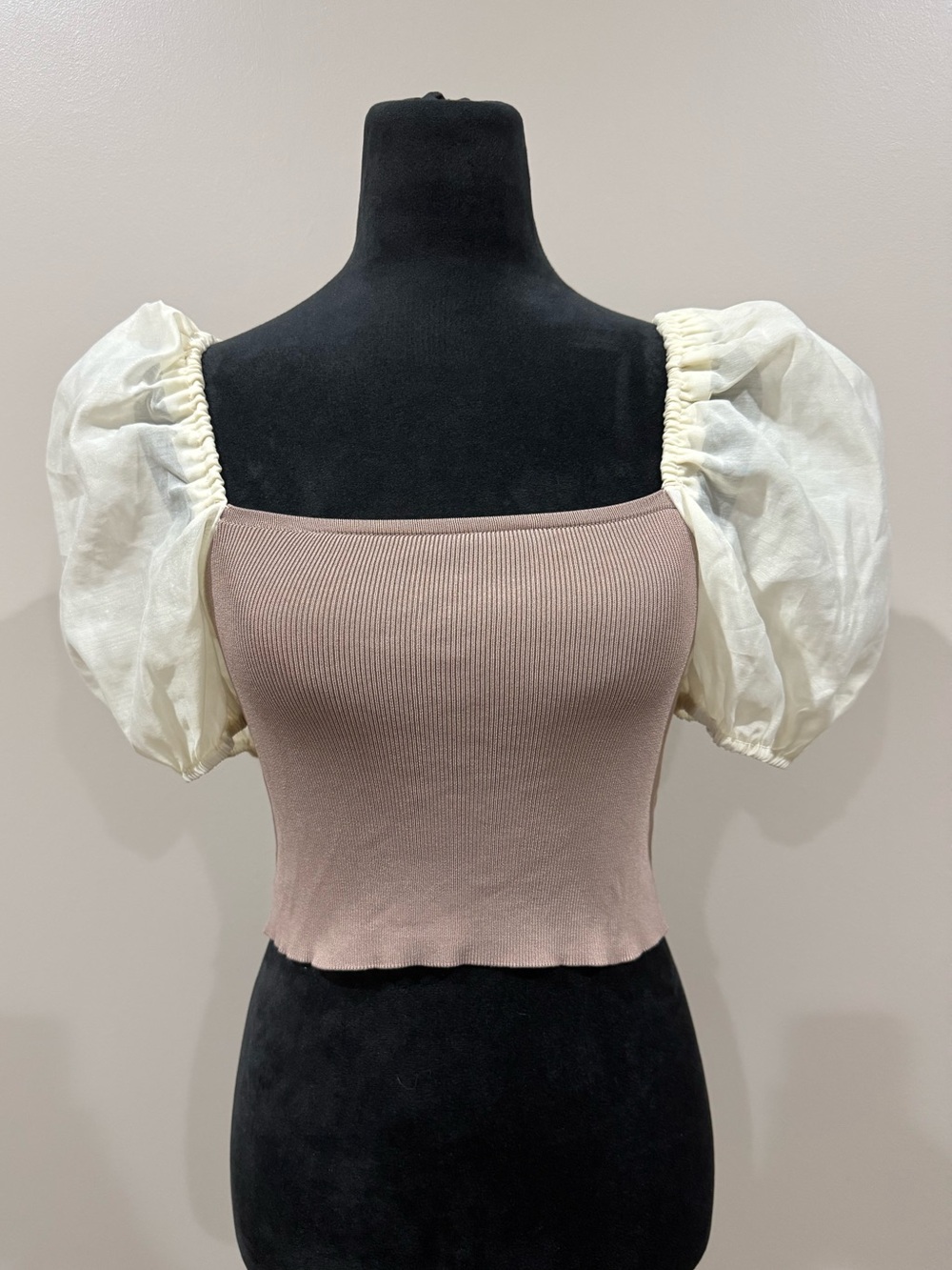 Miou Muse Ribbed Mauve Crop Top with Cream Sheer Puff Sleeves - Size S